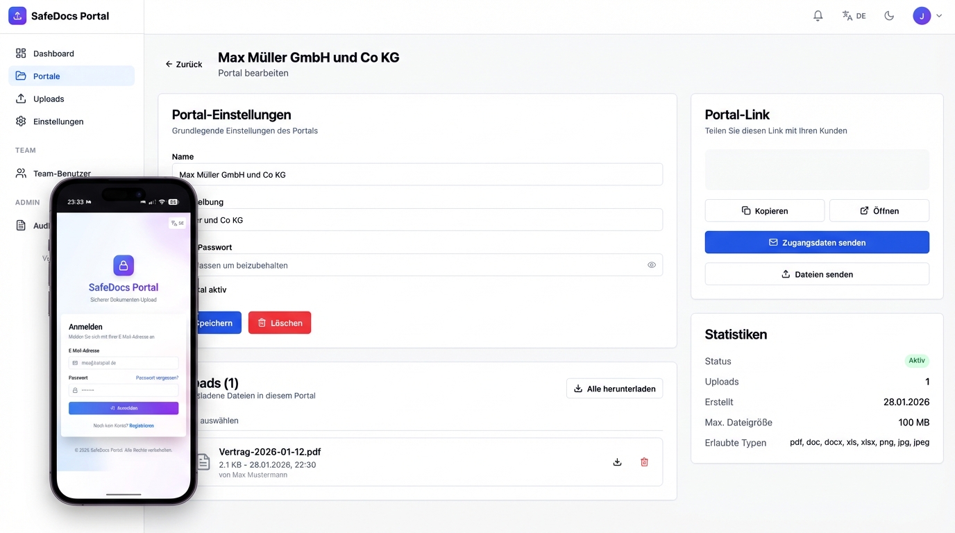 SafeDocs Portal — Dashboard mit Portalverwaltung, Datei-Upload und mobiler Ansicht